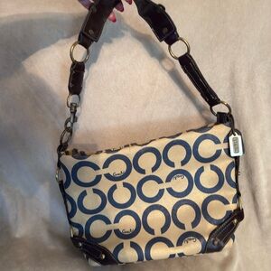 Coach Navy and Cream Signature Canvas Shoulder Bag with Leather Trim